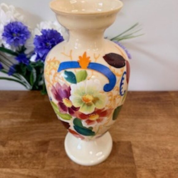 Vintage‎ Hand Painted Floral Pedestal Vase Multicolour Ceramic Pottery Decor - Picture 2 of 9